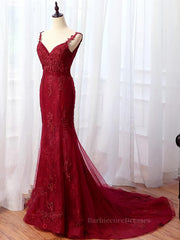 V Neck Burgundy Mermaid Lace Prom Dresses, Wine Red Mermaid Lace Formal Bridesmaid Dresses