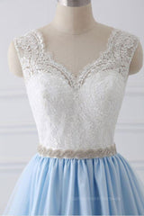 V Neck Light Blue Lace Prom Dresses, Light Blue Lace Formal Evening Dresses