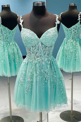 V Neck Mint Green Lace Short Prom Dress, Mint Green Lace Homecoming Dress, Mint Green Formal Evening Dress