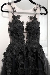 V Neck Open Back Black Tulle Lace Floral Long Prom Dresses, Black Lace Formal Evening Dresses with Appliques