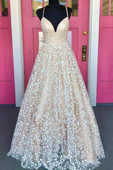 V Neck Open Back Champagne Lace Long Prom Dress, Champagne Lace Formal Graduation Evening Dress