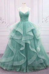 V Neck Open Back Fluffy Green Tulle Long Prom Dresses, Green Formal Evening Dresses, Ball Gown