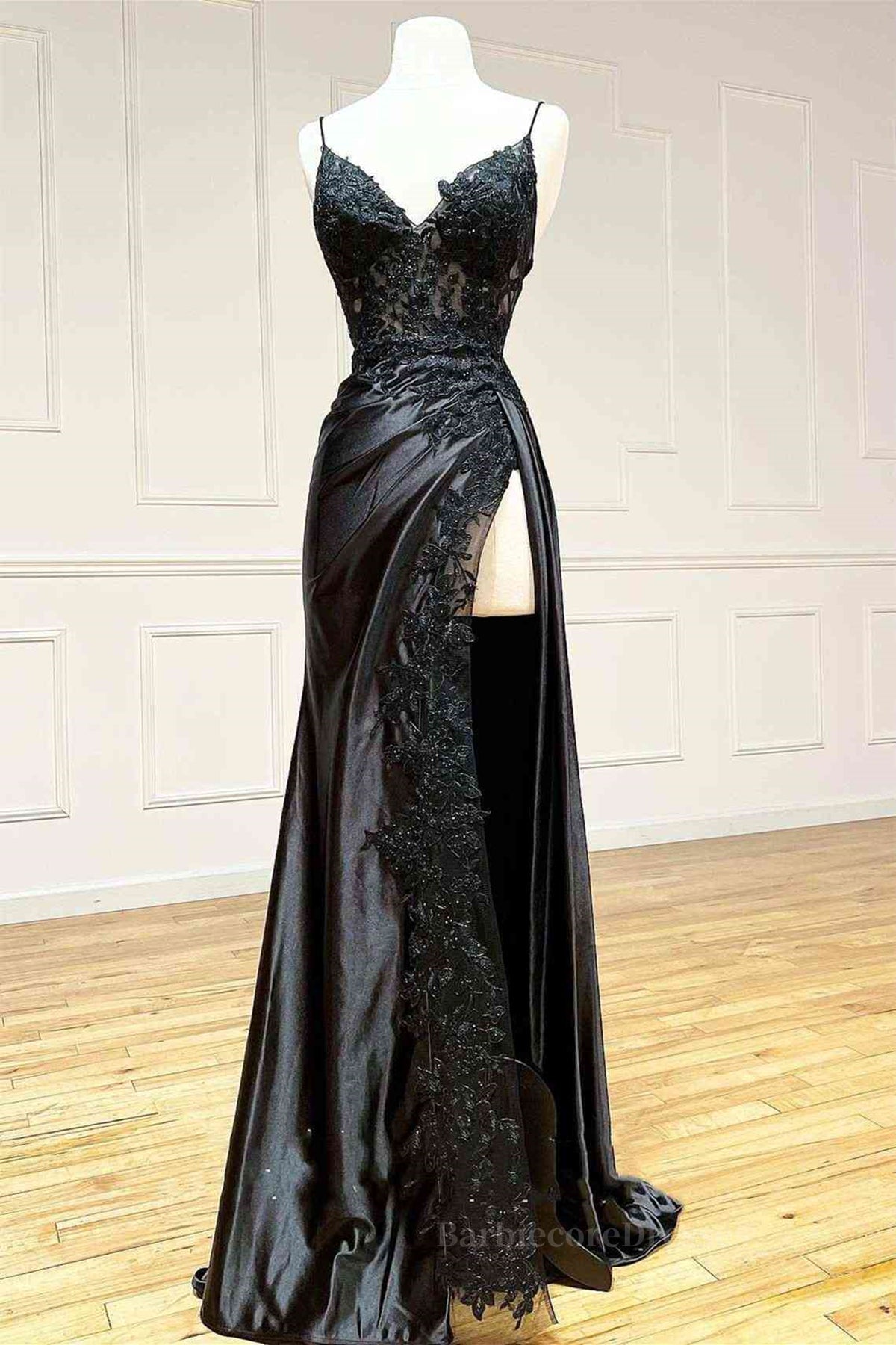 V Neck Open Back Mermaid Black Lace Long Prom Dress with High Slit, Mermaid Black Formal Dress, Black Lace Evening Dress