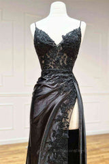 V Neck Open Back Mermaid Black Lace Long Prom Dress with High Slit, Mermaid Black Formal Dress, Black Lace Evening Dress