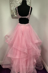 V Neck Open Back Pink Lace Puffy Tulle Long Prom Dresses, Pink Lace Formal Dresses, Pink Evening Dresses