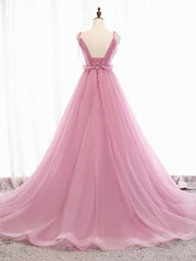 V Neck Pink Tulle Prom Dresses with Train, Pink Long Formal Evening Graduation Dresses