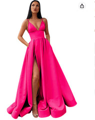 V-Neck Slit Satin Long Prom Dress Spaghetti Strap Evening Ball Gown with Pockets