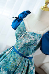 Blue Printed Long A-Line Prom Dress, Elegant Short Sleeve Formal Dress