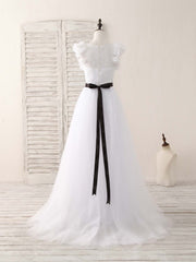 White A-Line Lace Tulle Long Prom Dress, White Evening Dress