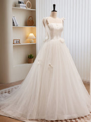 White A-line Tulle Long Prom Dress, White Tulle Formal Dress