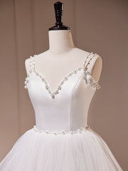 White A-Line Tulle Long Prom Dress, White Tulle Sweet 16 Dresses