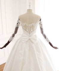 White Lace Satin Long Wedding Dress, Lace Satin Long Bridal Gown