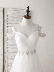 White Off Shoulder Tulle Beads Long Prom Dress White Evening Dress