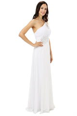 White One Shoulder Chiffon Pleats Beading Bridesmaid Dresses