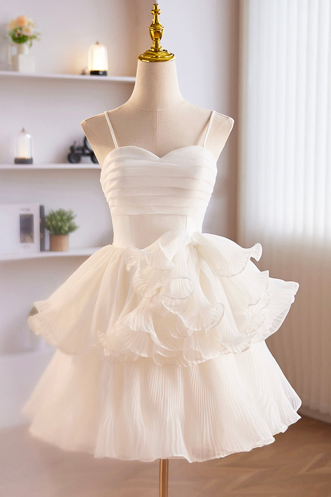 White Spaghetti Strap Tulle Short Prom Dress, White A-Line Homecoming Dress