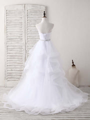 White Sweetheart Neck Tulle Long Prom Dress, White Formal Graduation Dress