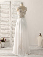 White V Neck Chiffon Long Prom Dresses, White Long Evening Dresses