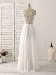 White V Neck Chiffon Long Prom Dresses, White Long Evening Dresses