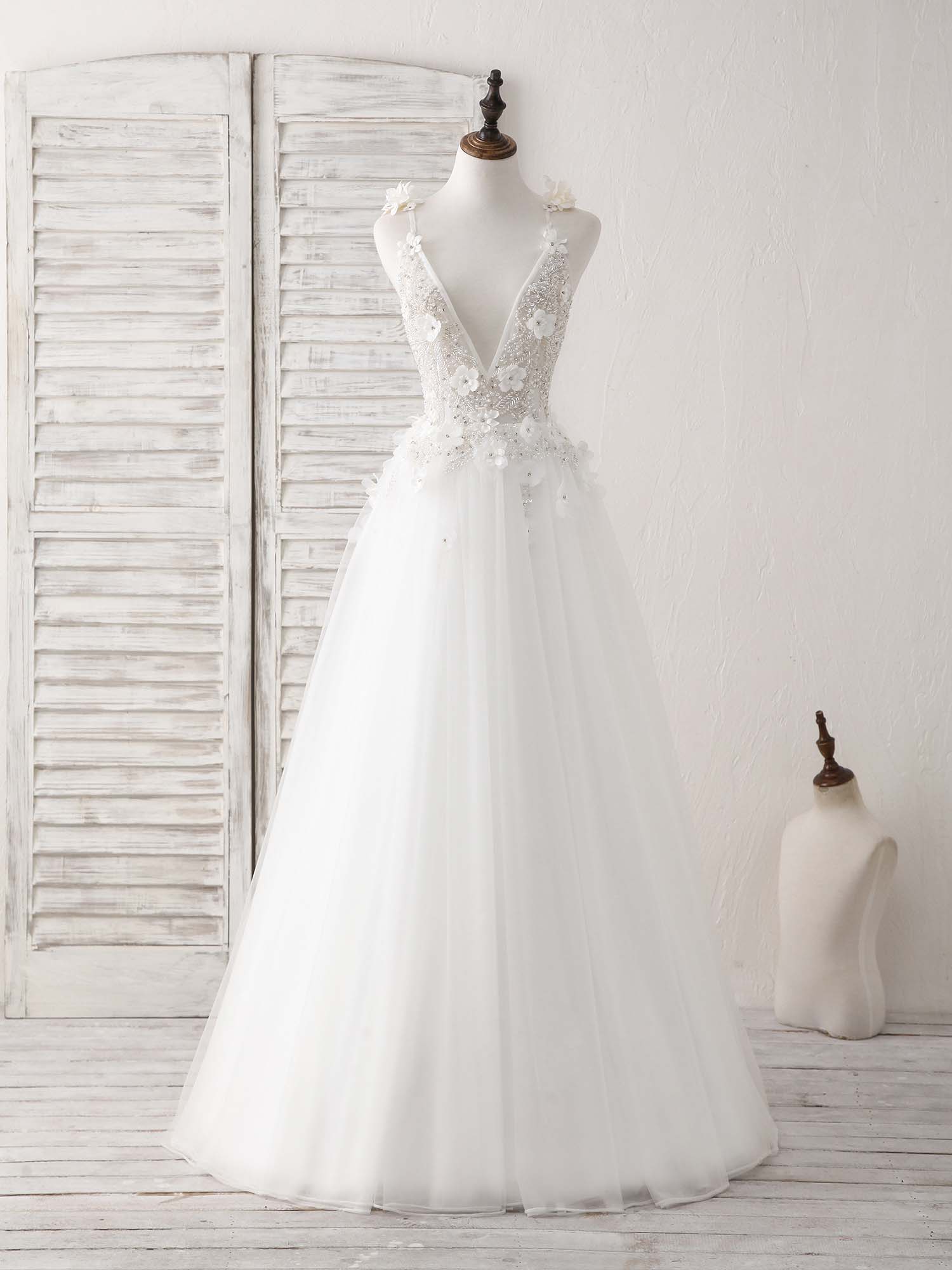 White V Neck Tulle Beads Long Prom Dress White Evening Dress