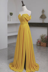 Yellow Chiffon Long A-Line Prom Dress, Simple Yellow Evening Dress with Slit