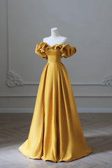 Yellow Satin Long Prom Dress, Simple Off Shoulder Evening Party Dress