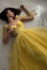 Yellow Tulle Long A-Line Evening Dress, Cute Spaghetti Strap Prom Dress