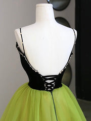 Black Velvet and Green Tulle Long Prom Dress, Green V-Neck Evening Dress