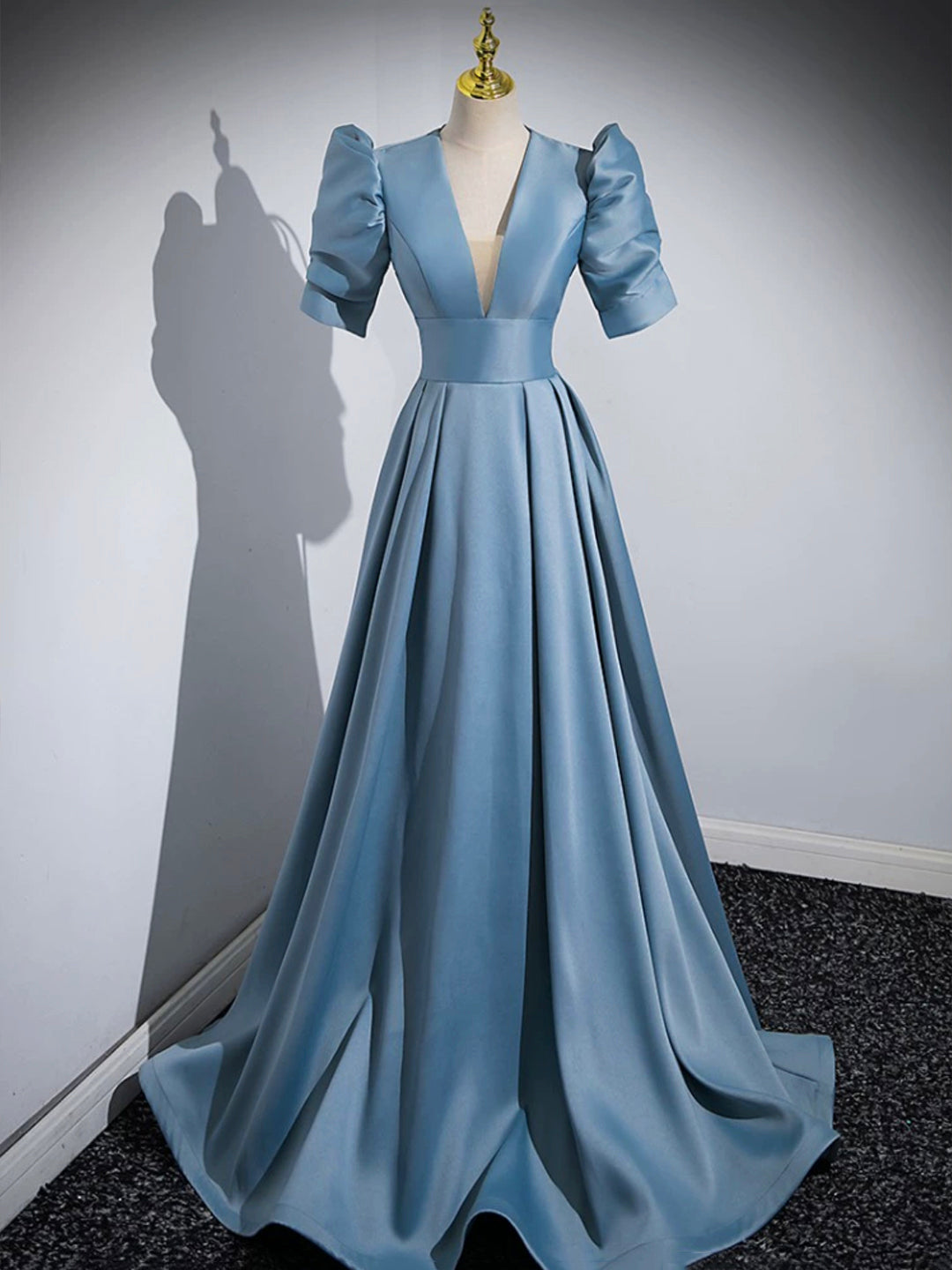 Blue Floor Length V-Neck Satin Prom Dress, Simple A-Line Evening Dress